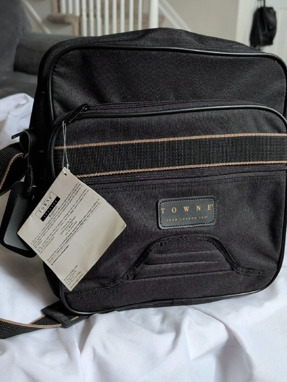 TOWNE Black Men's Messenger Bag with Subtle Brown Accents